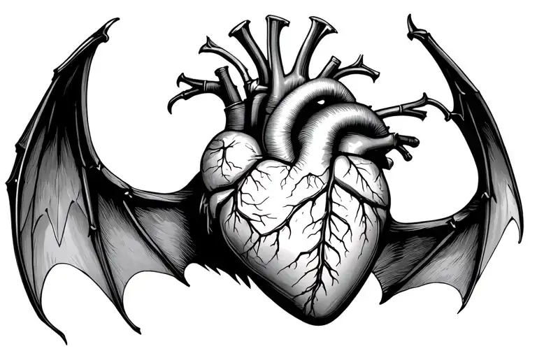 Anatomical Heart Surrounded By Spread Wings And Spread Bat Wings