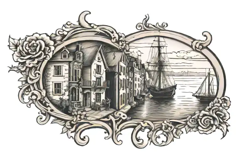 Up To Date Tattoo Of A Window From Which You Can See A View Of The Sea And A Harbor With A Ship