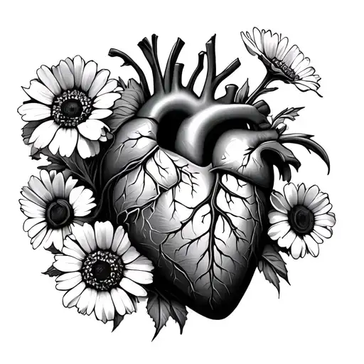 Anatomical Heart Surrounded By Poppy Flowers And Daisy Flowers