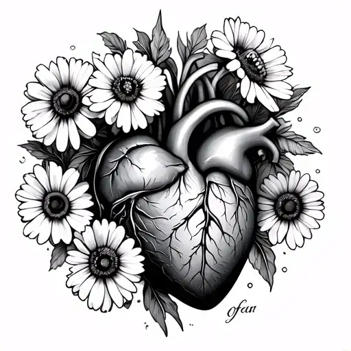 Anatomical Heart Surrounded By Poppies And Daisy Bouquet
