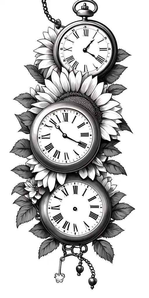 4 Roman Numeral Pocket Watches Surrounded By Roses And Sunflowers