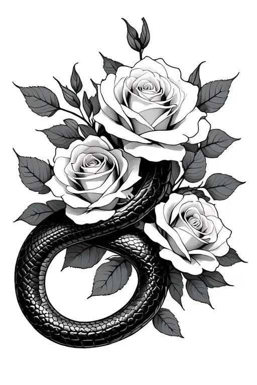 A Minimalistic Tattoo That Is A Trible Snake That Is Feminine And Wrapped Around White Roses