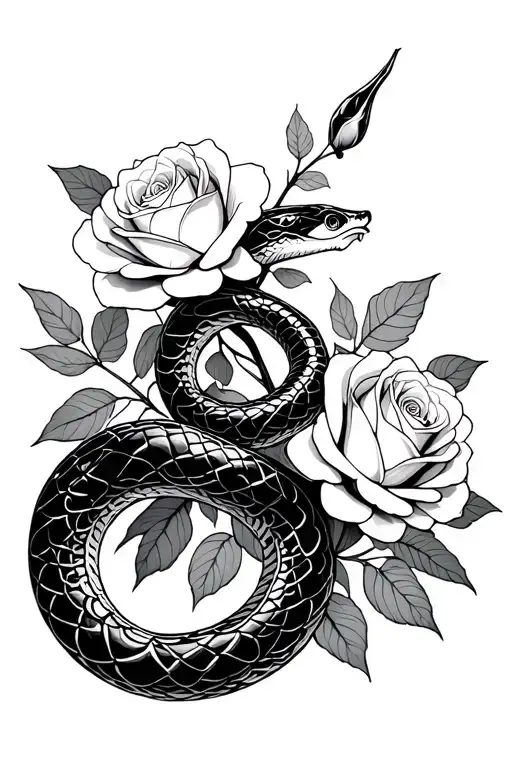A Minimalistic Tattoo That Is A Trible Snake That Is Feminine And Wrapped Around White Roses