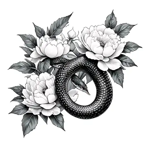 Snake And Peonies And Leaves