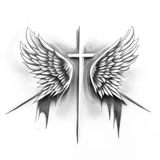 Fallen Angel Wings Behind Cross On The Back