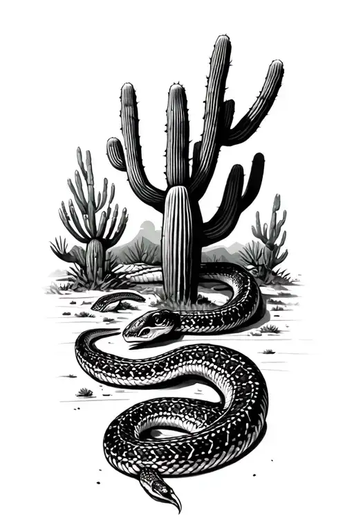 Desert Landscape With Cacti And Rattlesnake
