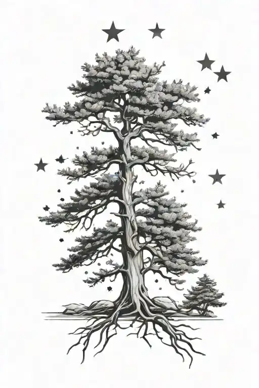 White Cedar Tree With Stars Surrounding