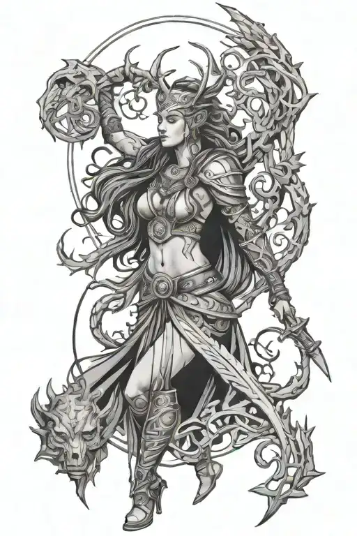 Norse Mthology Tatoo Valkyrie Woman With Berserkers And Yygdrasil Tree Linking