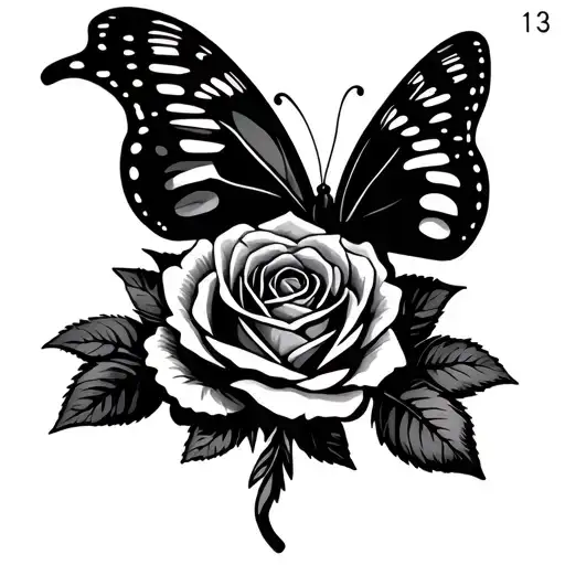 Butterfly And Rose With Roman Numeral Of The Number 13