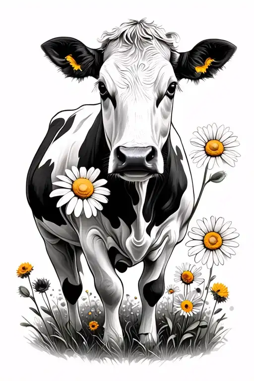 Cow And Daisy Flowers