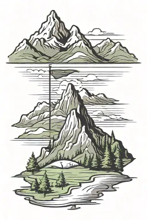 Nature And Golf Green And Flag With Mountain Peak Background