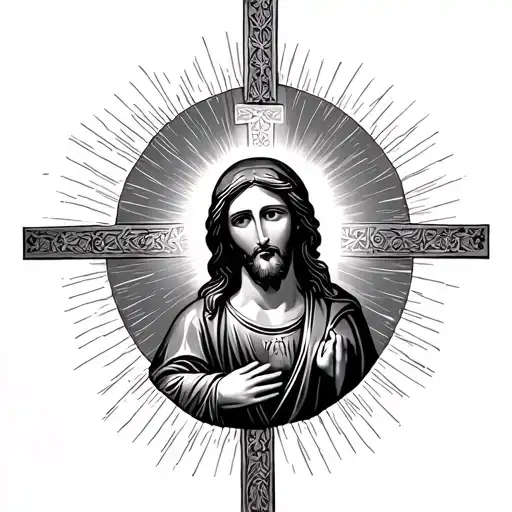 Crosses Below Jesus Christ And Virgin Mary