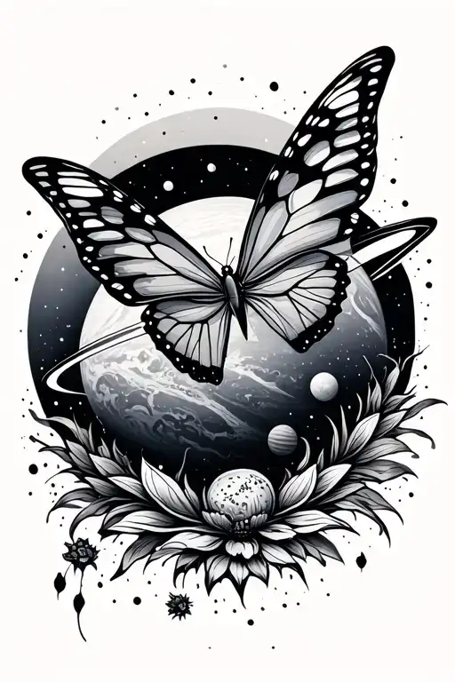 Butterfly And Planet With Fine Lines