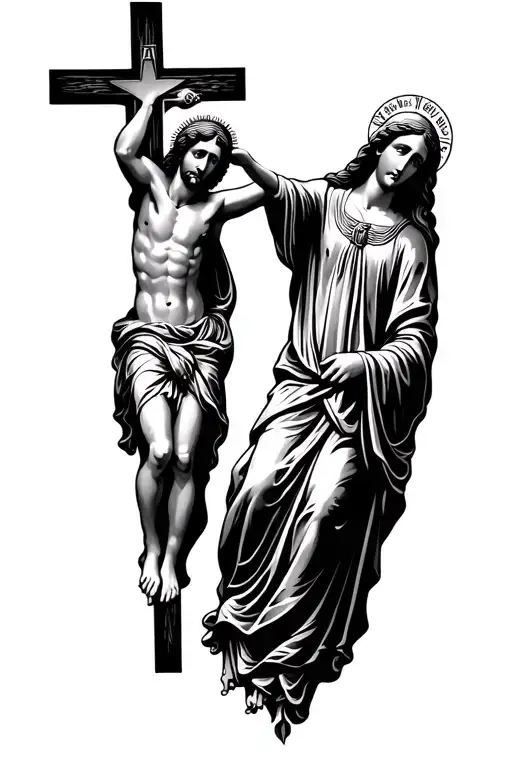 Crosses Below Jesus Christ And Virgin Mary