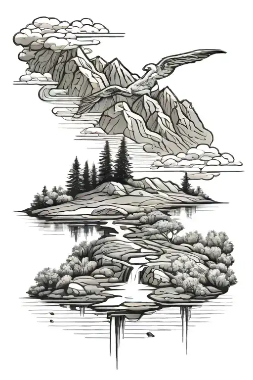 Nature And Small Golf Fairway With Mountain Range Background And Pond In Front