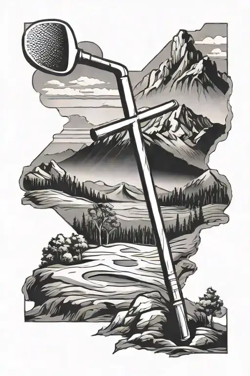 A Golf Club Forming The Shape Of A Cross With A Mountain Backdrop