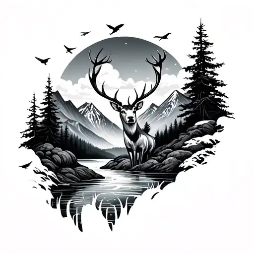 Mountains River Deer Clouds Birds