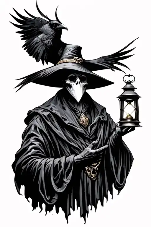 Plague Doctor From The Torso Up Holding A Lantern With A Raven Above His Head