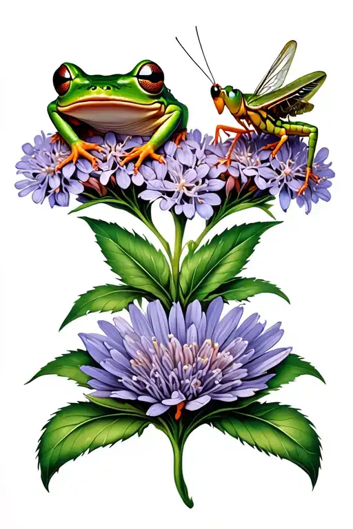 Frog And A Grasshopper On A Lilac Flower