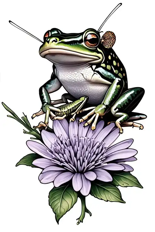 Frog And A Grasshopper On A Lilac Flower