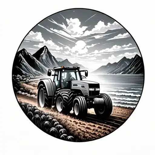 Farm With Tractor Mountains And Ocean