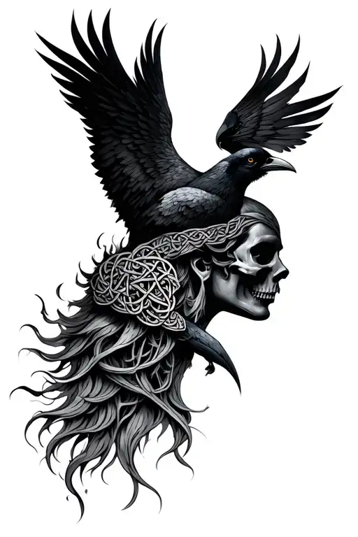 Celtic Goddess Head With Crows And Skulls