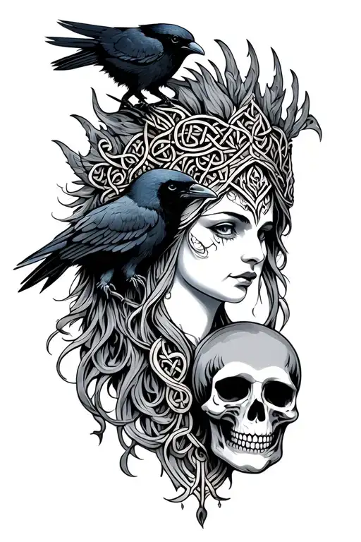 Celtic Goddess Head With Crows And Skulls