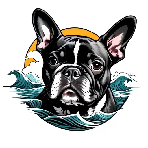 French Bulldog Outline With Waves And Sun