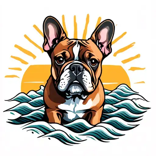 Brown French Bulldog Outline With Waves And Sun