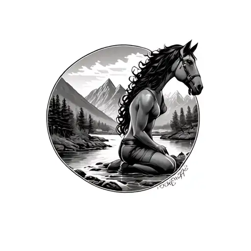 Female Kneeling To Crossholding A Horsemountain Background With River