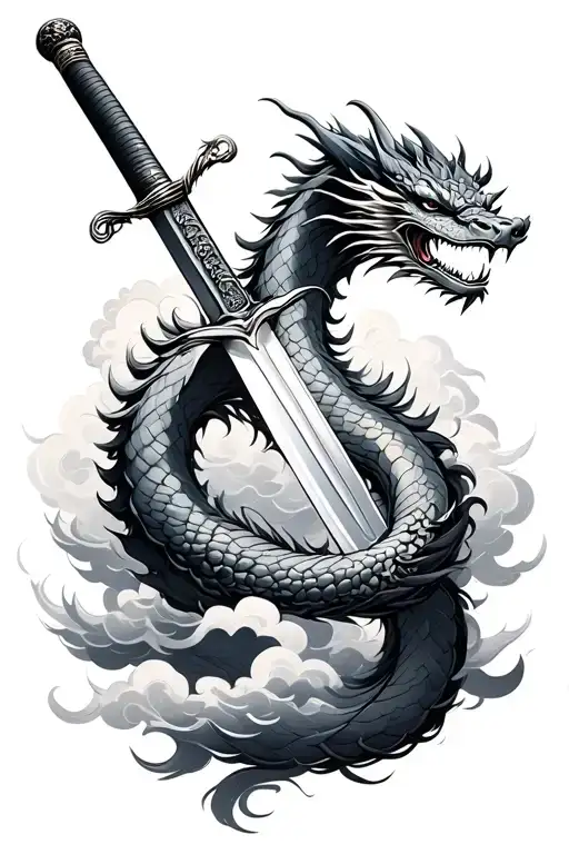 Japanese Samurai Sword With Dragon Wrapped Around With Clouds