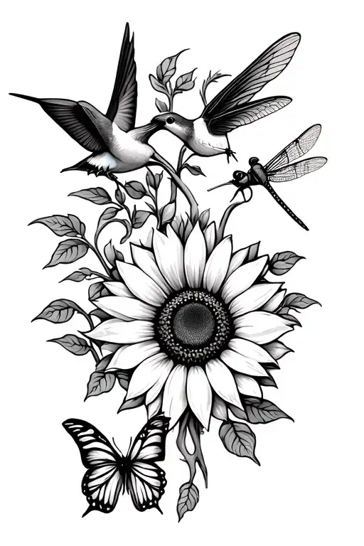 Sunflower Vine With One Hummingbird And One Dragonfly And One Butterfly