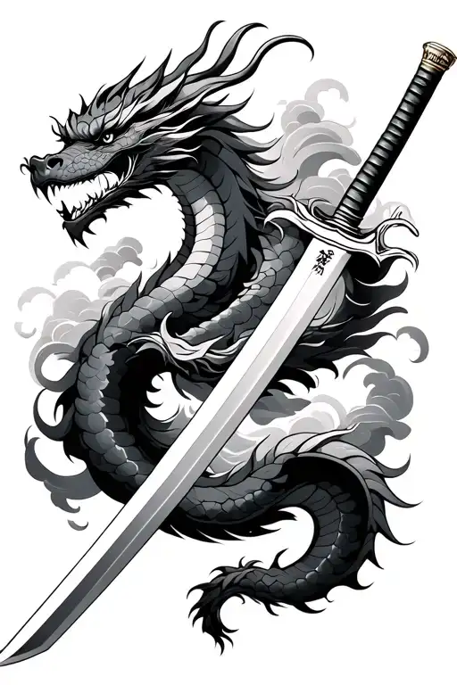 Japanese Samurai Sword Straight With Dragon Wrapped Around With Clouds