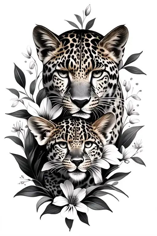 Leopard And Leopard Cub Snow Drop Flower Intertwined