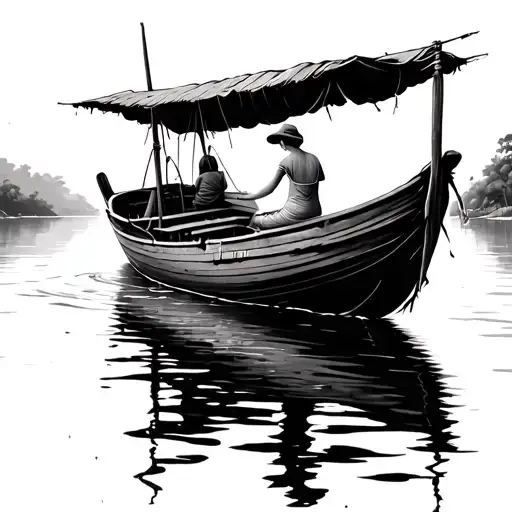 Vietnamese Fishing Boat In Calm Water With A Woman Sitting In It