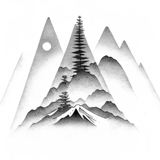 Delicate Mountain Tattoo With Trees And A Sunset With Moon Rise