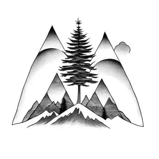 Delicate Mountain Tattoo With Trees And A Sunset With Moon Rise