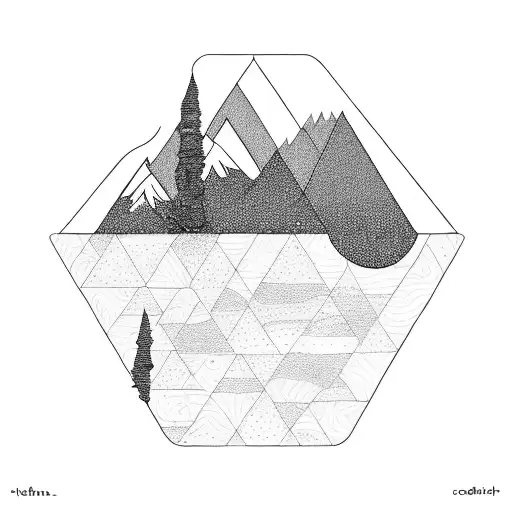 Fine Line Mountain Inside Of A Triangle With Trees And Sunset With Sunburst