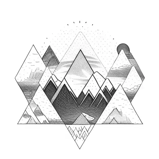 Fine Line Mountain Inside Of A Triangle With Trees And Sunset With Sunburst
