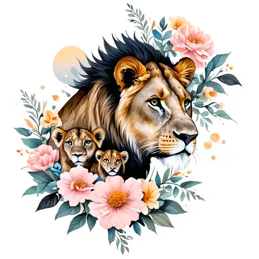 Fine Line Lioness With Two Cubs Profile Surrounded By Cresent Of Flowers