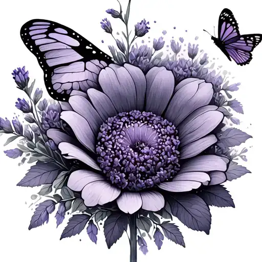 The Flower Lavender With Butterfly Around It Fine Line