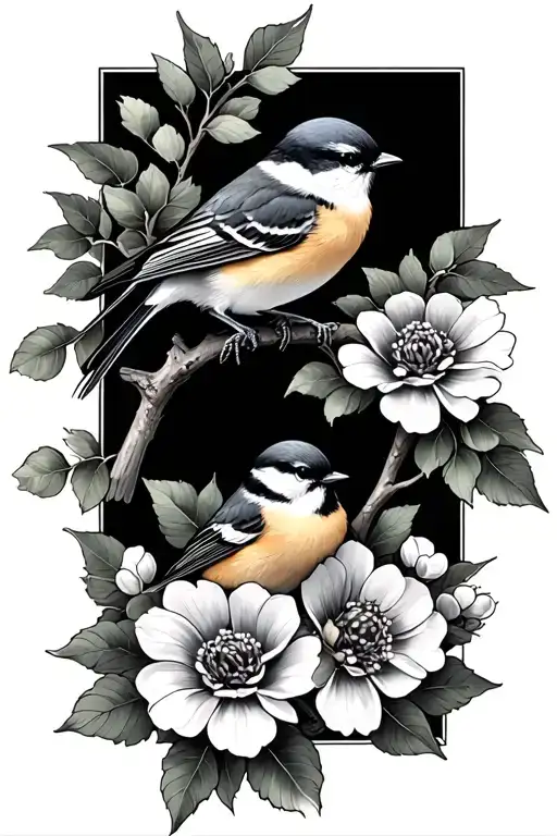 Chickadees Perched With Woldflowers And Trees