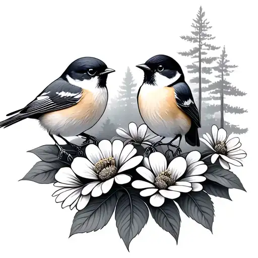 Chickadees Perched On Flowers With Trees In Background