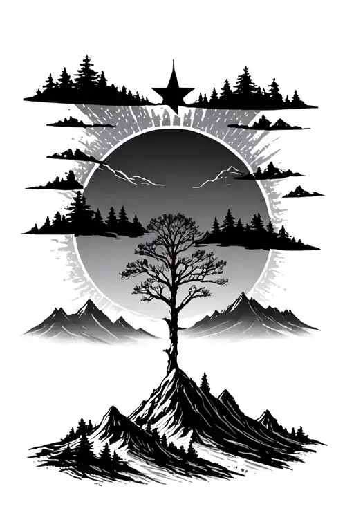 Tree Sun Star Mountain Scene