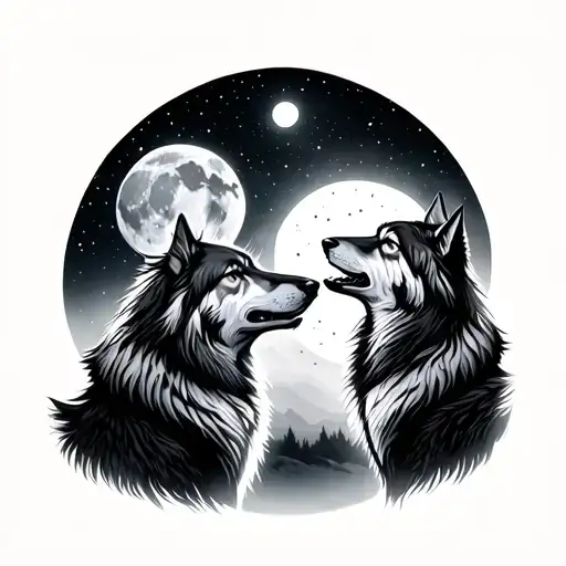 Two Wolves In Profile Howling At The Moon With Sara Hidden In The Fur Of One