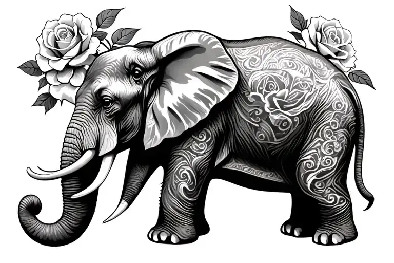 Elephant And Roses Blooming