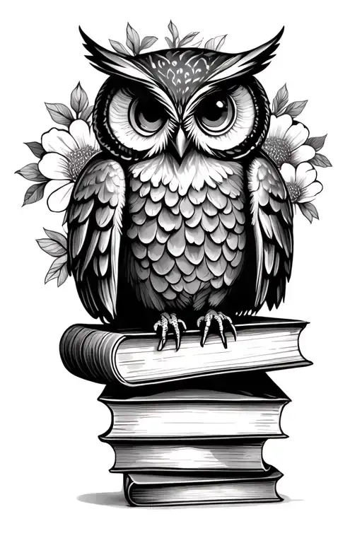 Cute Owl Sitting On Stack Of Antique Books With Flowers In Background