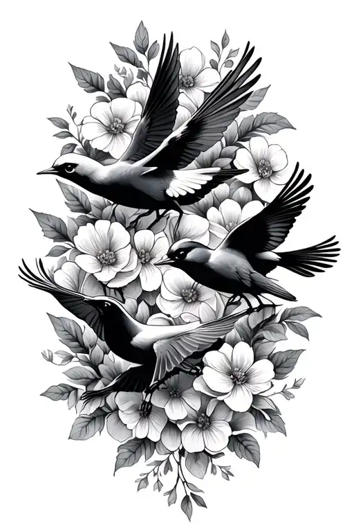 Cute Birds Flying And Perched With Flowers In Background