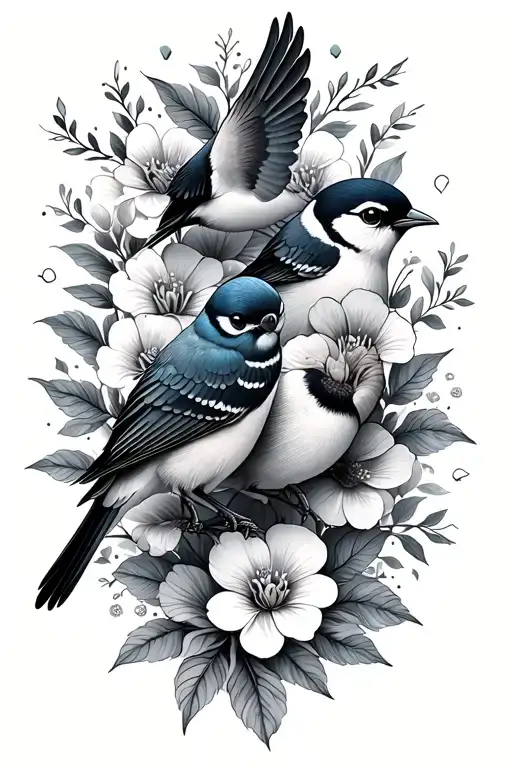 Cute Birds Flying And Perched With Flowers In Background