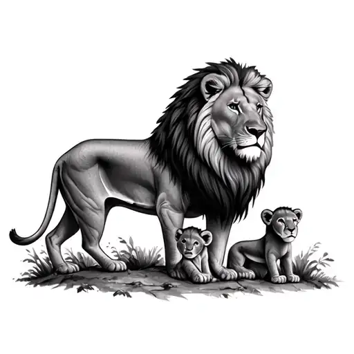 Lion With Two Cubs In Woods Surrounded